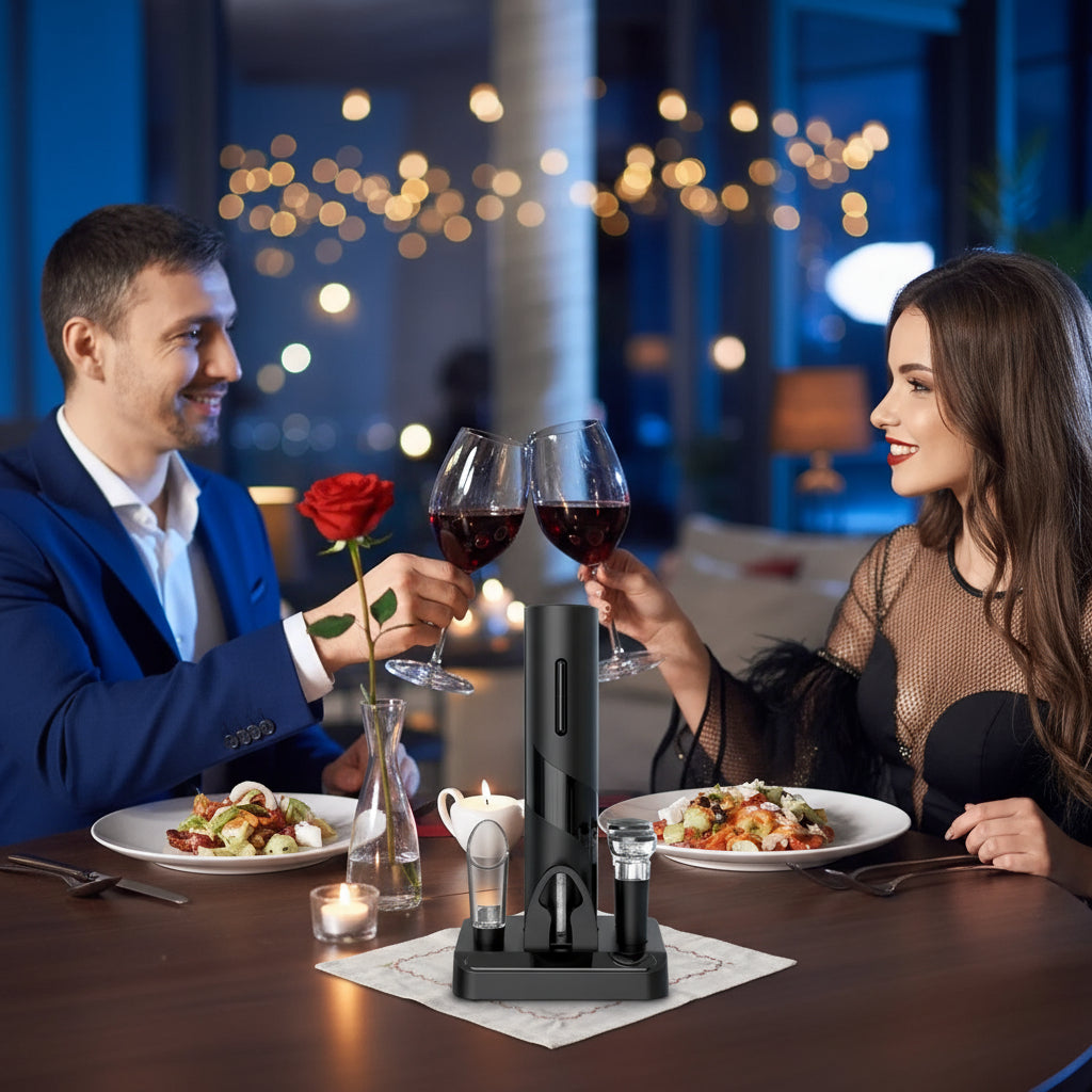 Electric Wine Opener,6-Piece Wine Gift Set,Electric Bottle Opener with 2 Stoppers,Foil Cutter,Black