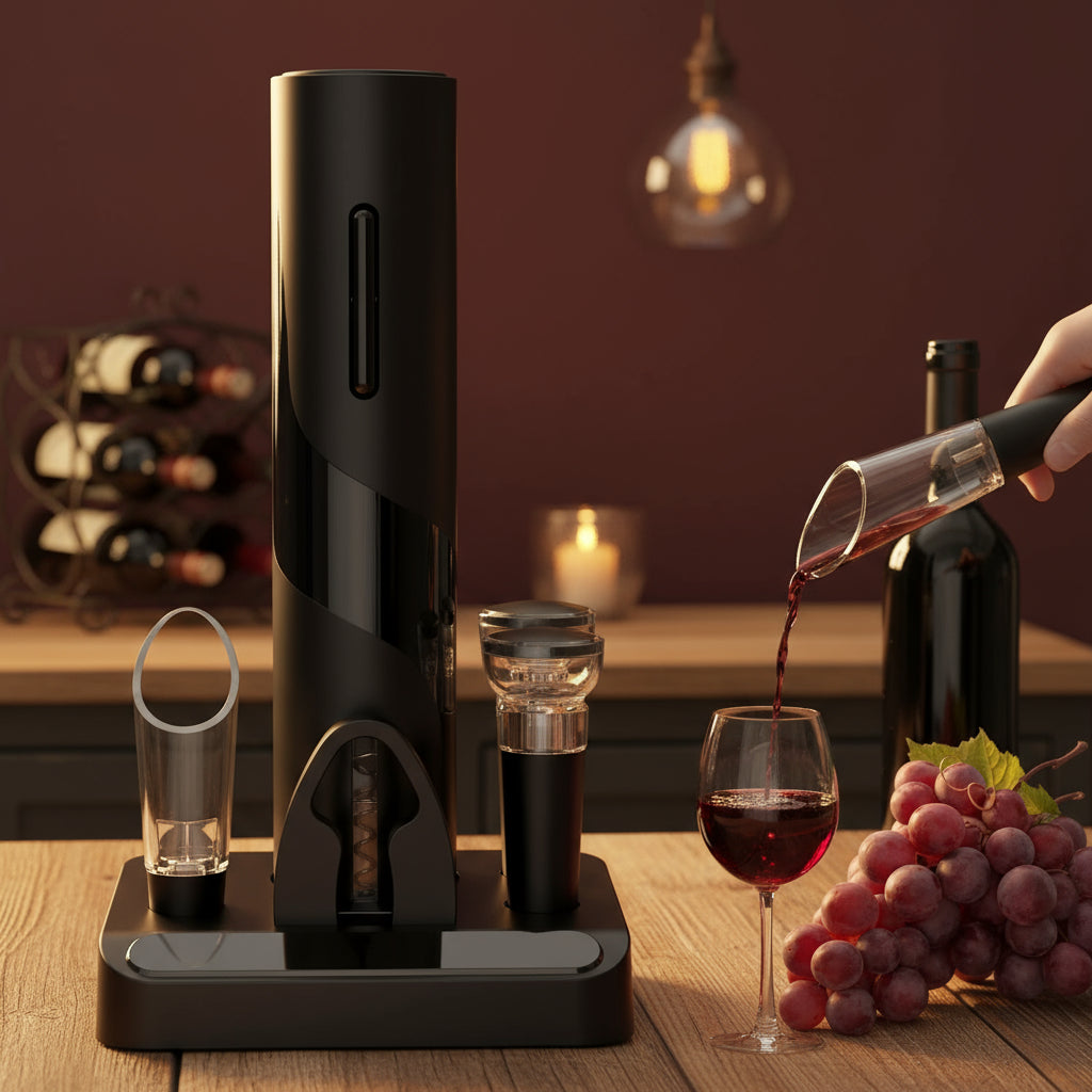 Electric Wine Opener,6-Piece Wine Gift Set,Electric Bottle Opener with 2 Stoppers,Foil Cutter,Black